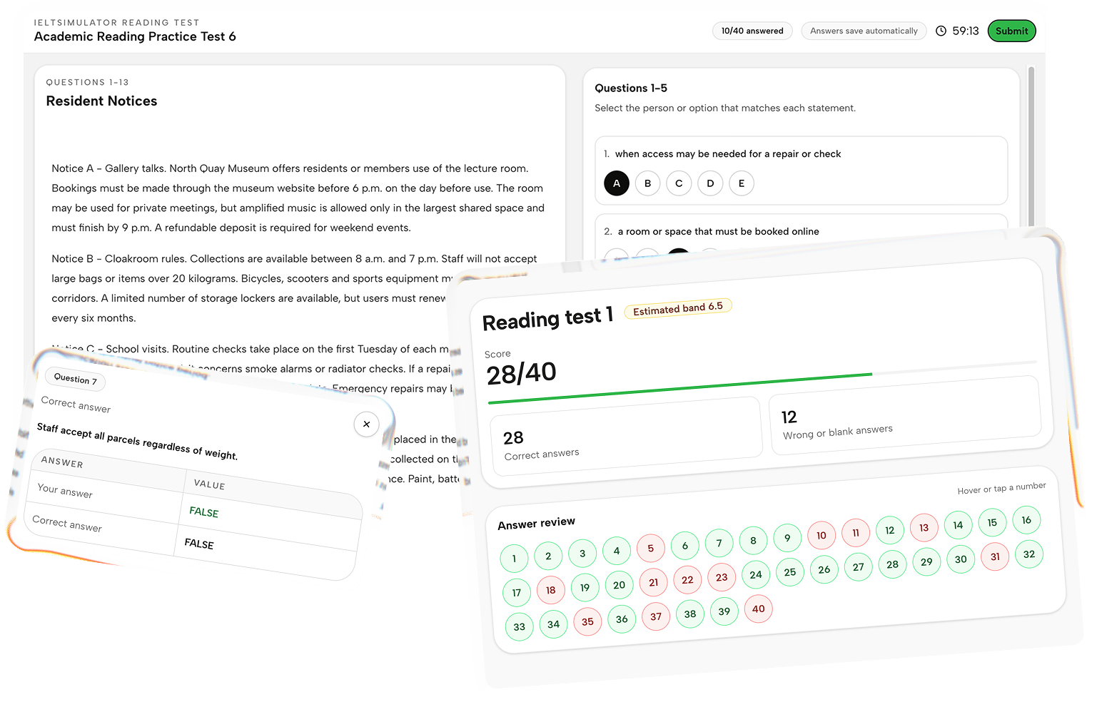 IELTSimulator Reading practice with a timer, split passage and questions, and an indicative answer review